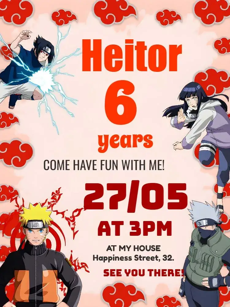 Invitation Naruto Tails – Kids' Birthday Party theme vibrant colors, anime style, ninja graphic elements, fun design, colorful illustrations