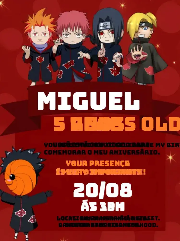 Invitation Red Akatsuki – Kids' Birthday Party theme anime, ninja, modern, colorful, youthful