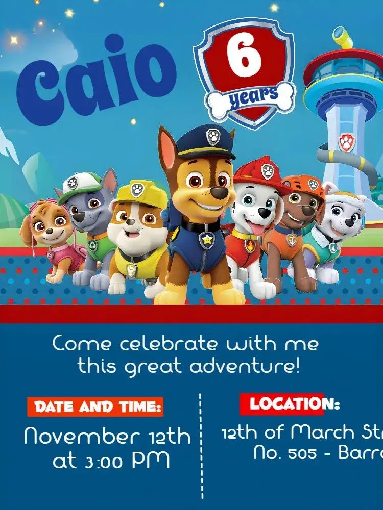 Invitation Red Paw Patrol – Kids' Birthday Party theme red, blue, animals, children's party, themed