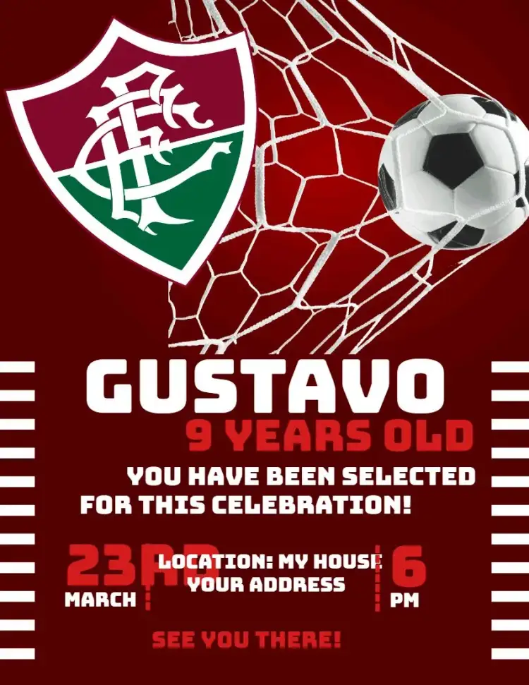 Invitation Fluminense 1 – Birthday theme sporty, colorful, fun, youthful, soccer, Fluminense-themed