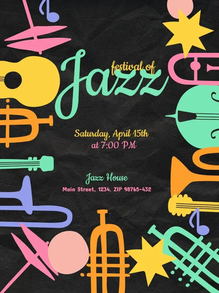 Invitation With Jazz Music Theme Gathering – Kids' Birthday Party theme colorful, fun-filled, musical, vibrant, modern, festive