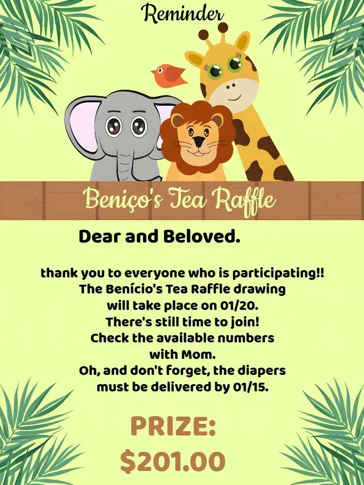 Invitation Safari Forest Raffle Tea Reminder – Raffle Tea theme safari, forest animals, vibrant colors, childlike style, fun design, natural setting