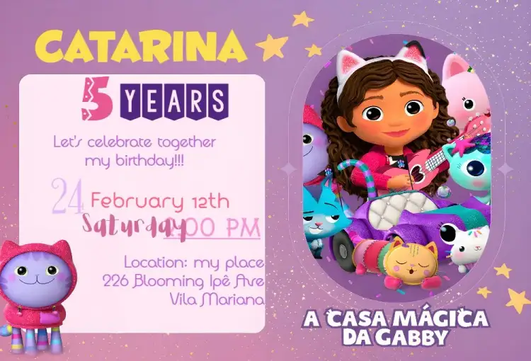 Invitation The Magical House of Gabby Kittens – Kids' Birthday Party theme colorful, childlike, magical, fun, cartoonish, kitty-themed