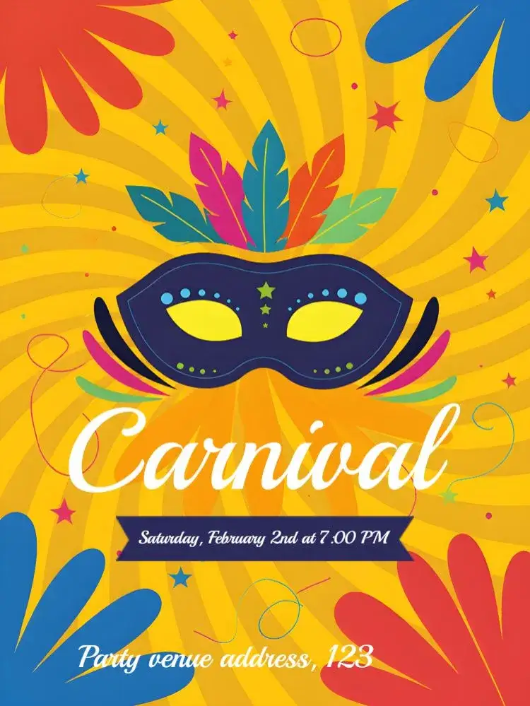Invitation Feathered Carnival – Commemorative Dates theme vibrant, colorful, cheerful, tropical, festive, modern