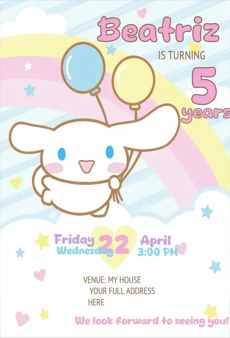 Invitation Cinnamoroll 2 – Birthday theme soft colors, playful style, kawaii elements, fun design, inspired by characters