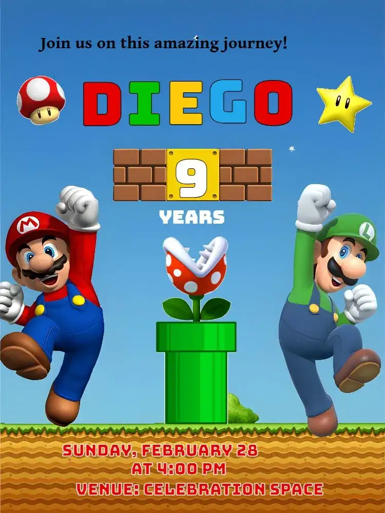 Invitation Super Mario Bros Luigi – Most searched for theme colorful, fun-filled, games, childlike, vibrant, themed