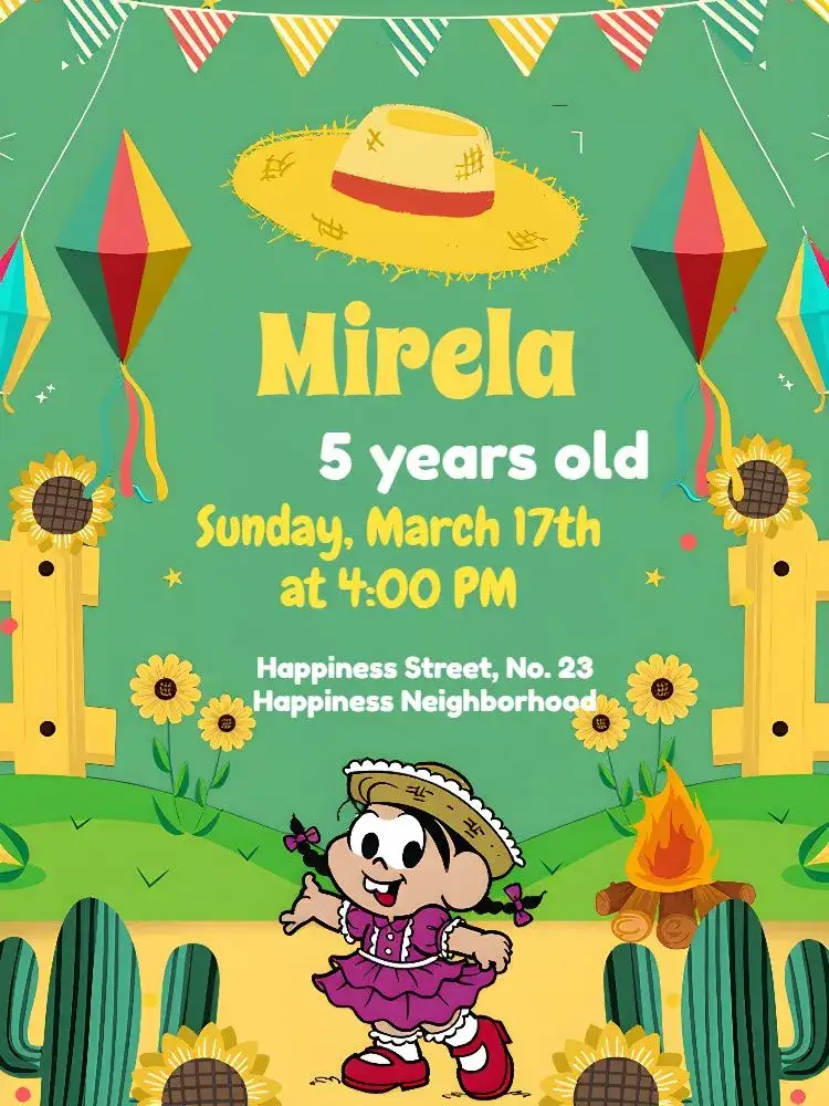 Invitation Turma Da Mônica São João Colorido – Commemorative Dates theme colorful, childish, themed, festive, fun