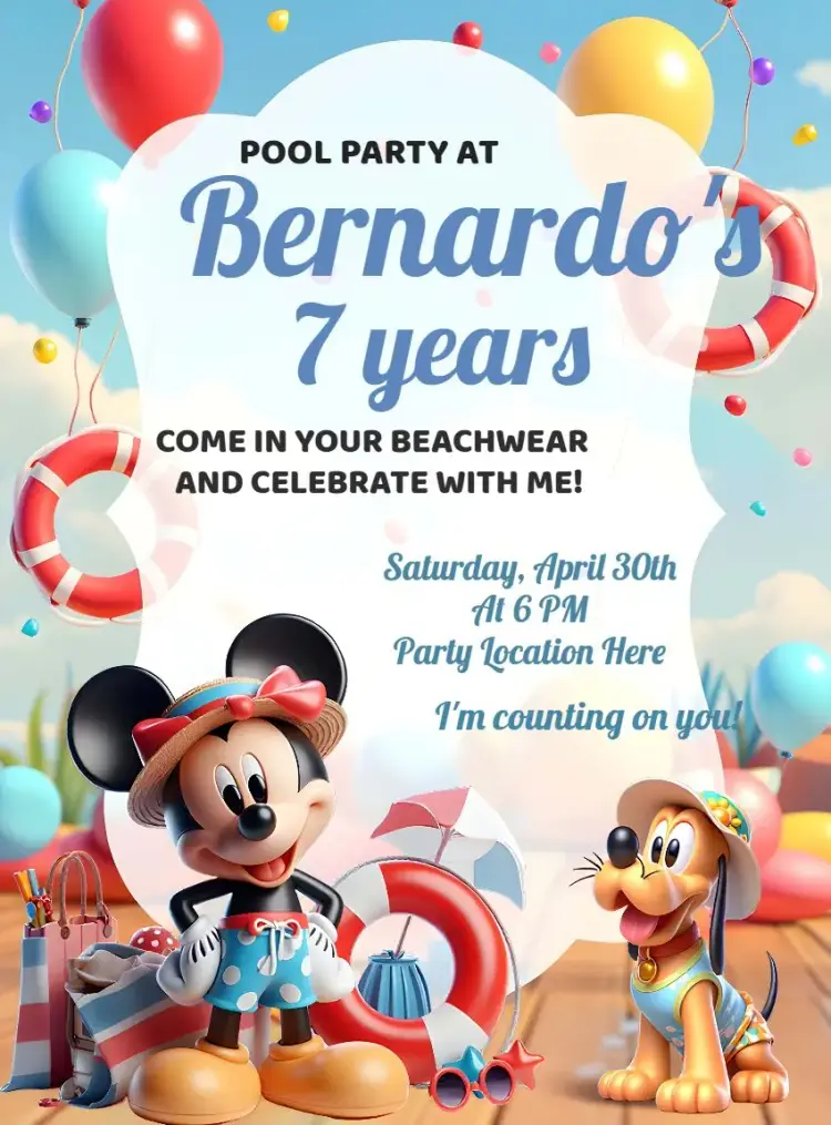 Mickey Pool Party Bath invitation