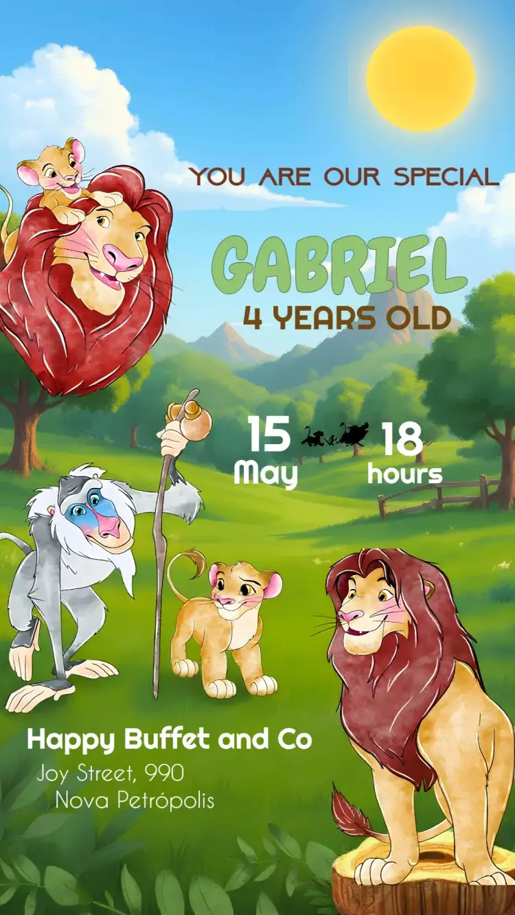Invitation Lion King Watercolor – Kids' Birthday Party theme watercolor, animals, vibrant colors, tropical, nature, fun
