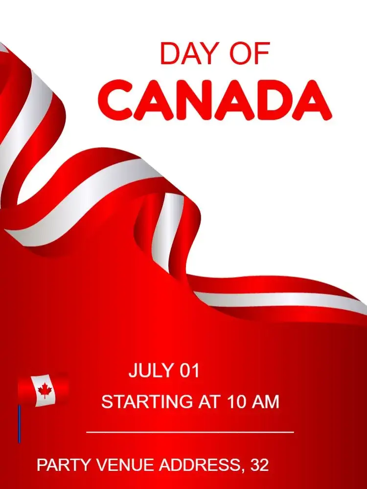 Invitation Canada Day Party – Commemorative Dates theme red and white, graphic elements of the flag, modern style, festive design, Canadian illustrations, minimalist style