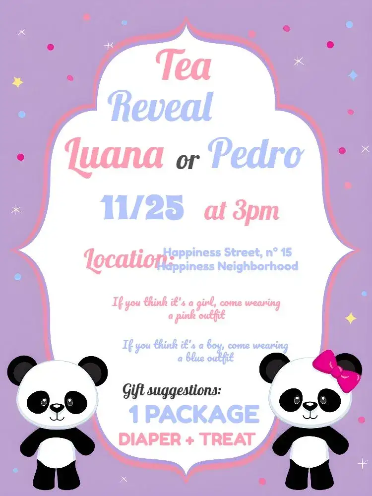 Invitation Blue Panda Gender Reveal – Gender Reveal theme panda, blue, white, cute illustrations, fun, modern