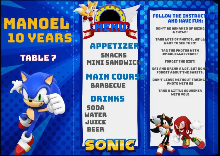 Menu Triangle Sonic Hedgehog invitation