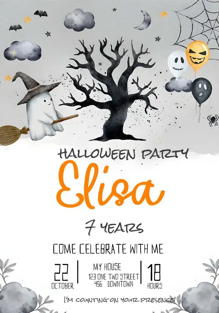 Invitation Halloween Day – Commemorative Dates theme orange and purple colors, gothic style, Halloween graphic elements, fun design, witch illustrations, modern style