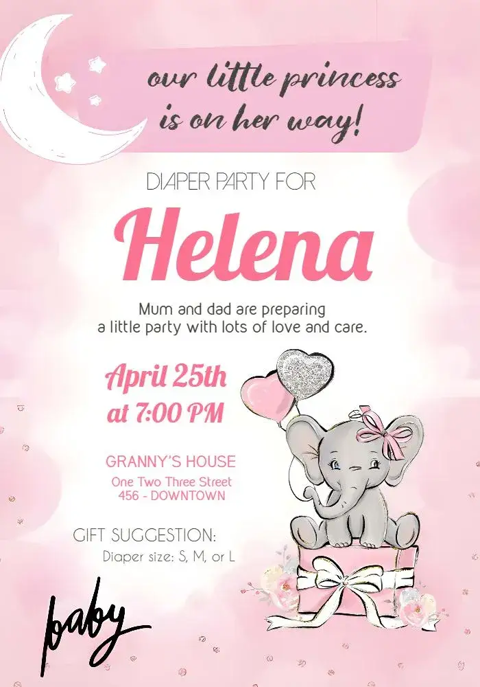 Invitation Diaper Shower Teddy Bear Balloon Elephant Pink Baby – Diaper Shower theme delicate, cute, colorful, modern, childlike, minimalist