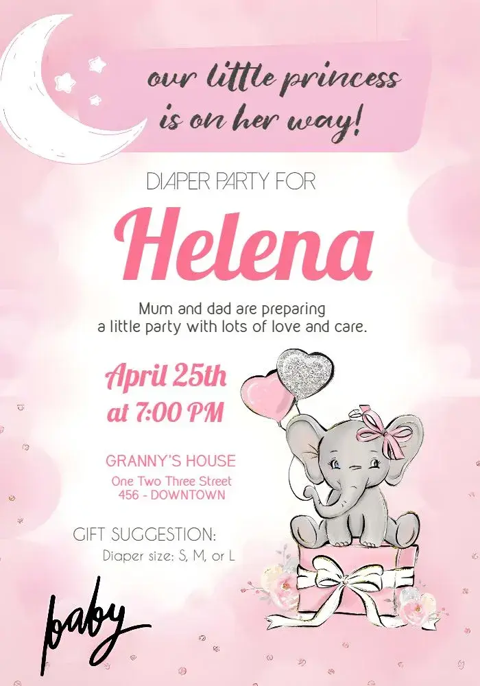 Diaper Shower Teddy Bear Balloon Elephant Pink Baby invitation