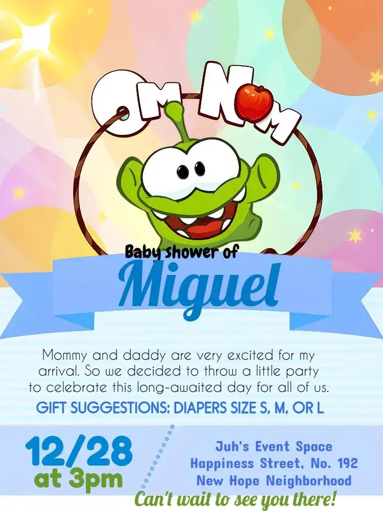 Invitation On Nom Green Diaper Shower – Diaper Shower theme green, modern, minimalist, fun, colorful