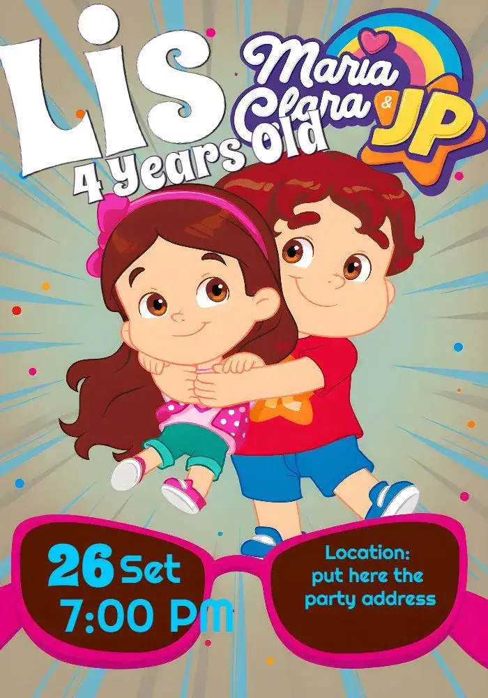 Invitation Maria Clara And Jp Kids – Commemorative Dates theme colorful, modern, fun, purple, pink, childish