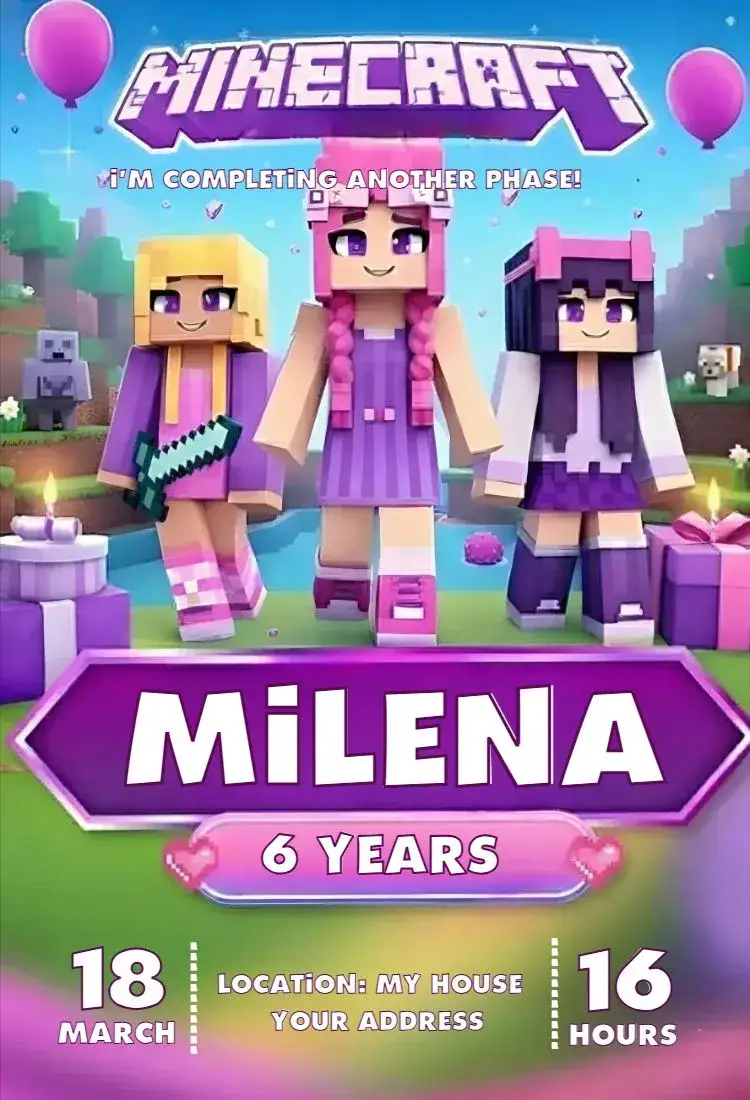 Invitation Girl Minecraft Invitation – Kids' Birthday Party theme Minecraft, colorful, fun, youthful, playful, themed