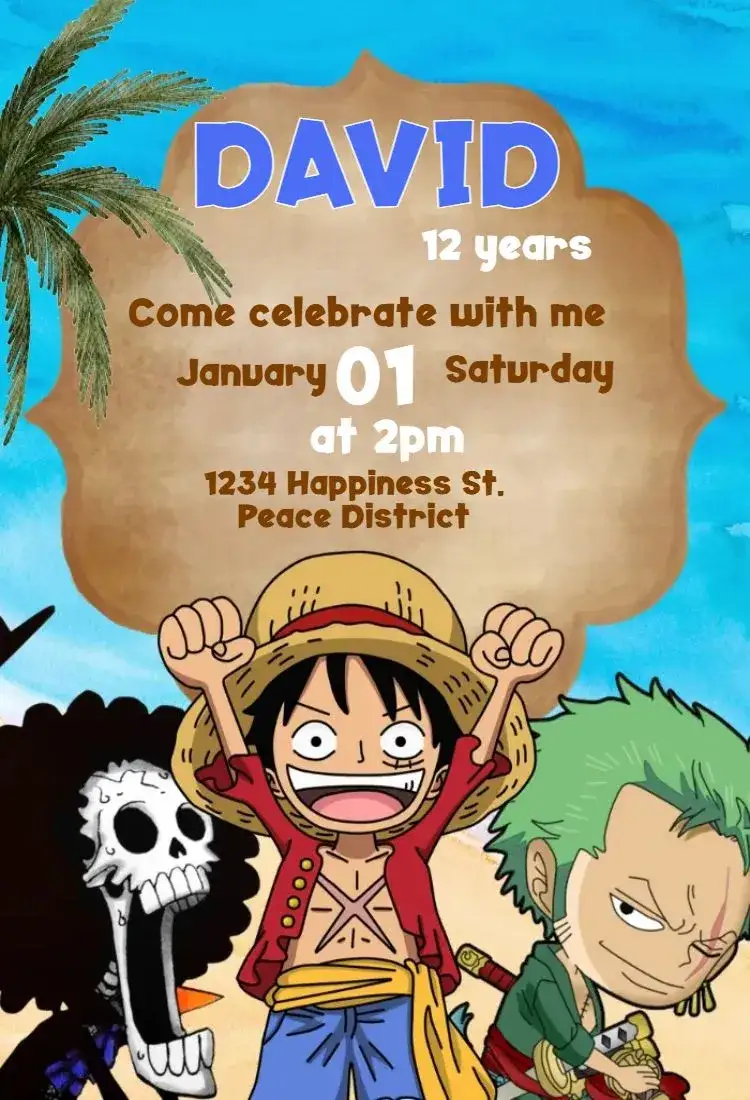Invitation One Piece – Card theme colorful, adventurous, anime, fun-filled, navy blue