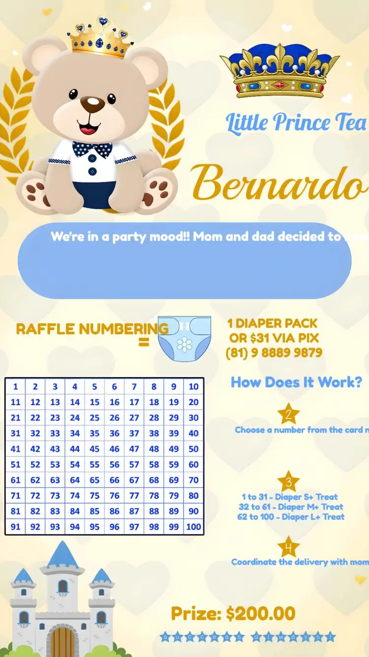 Invitation Baby Prince Teddy Bear Tea Raffle – Most searched for theme royal blue, elegant gold, cute teddy bear, royalty elements, diaper details, classic style