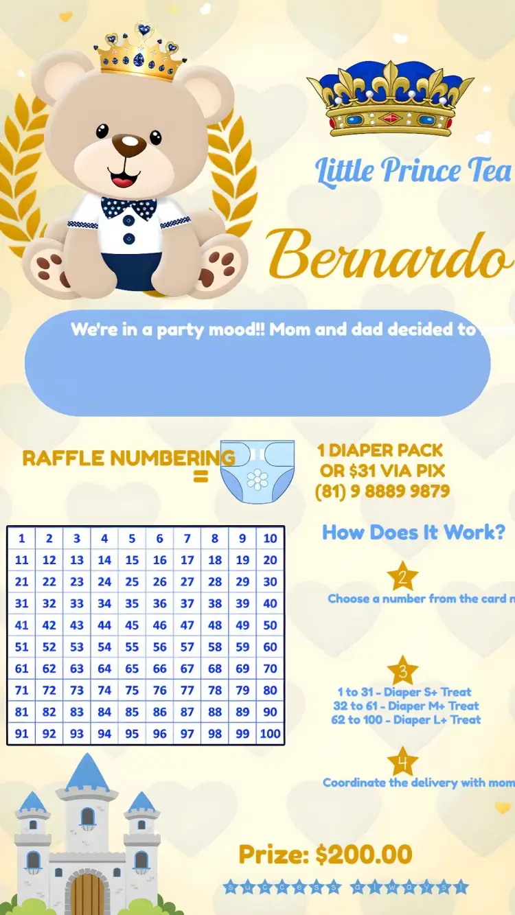 Baby Prince Teddy Bear Tea Raffle invitation