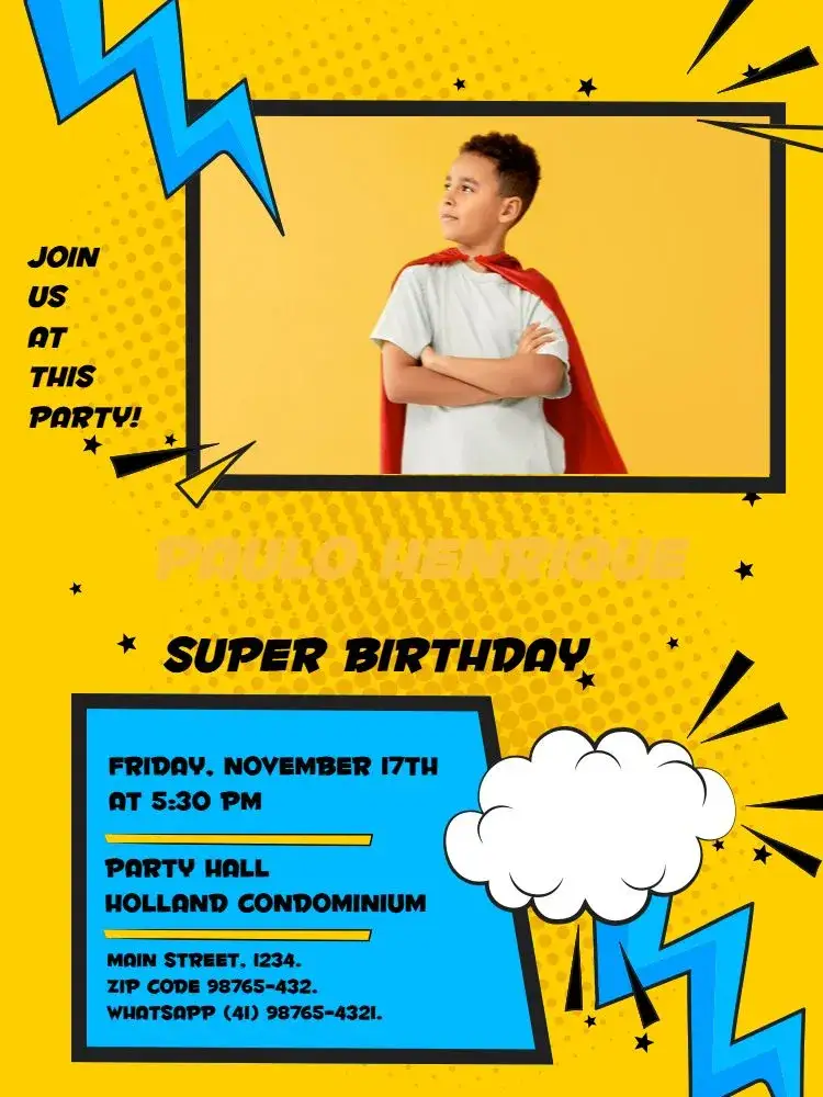 Invitation Superhero With Photo Meeting – Kids' Birthday Party theme vibrant colors, comic book style, superhero elements, fun illustrations, colorful design, children's theme