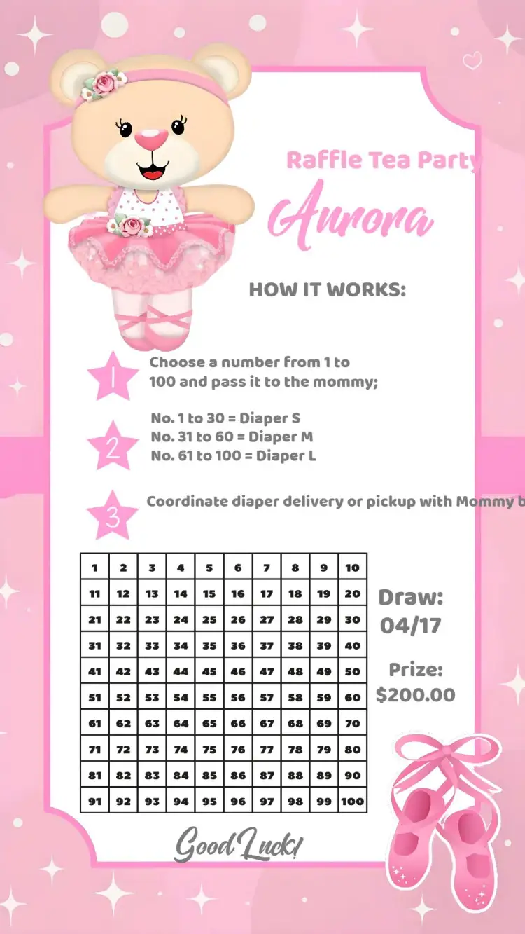 Invitation Ballet Teddy Bear Girl Raffle Tea – Raffle Tea theme pink, white, floral, ballerina, children's, playful