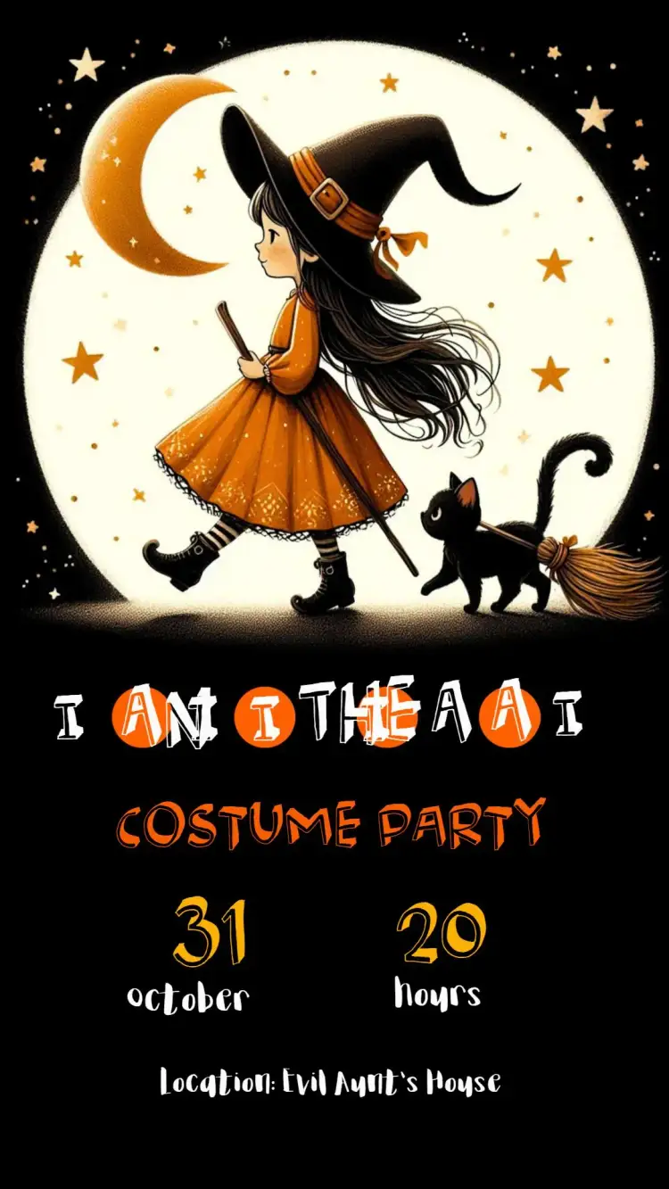 Invitation Halloween Party Invitation – Commemorative Dates theme dark colors, Halloween graphic elements, fun style, haunted design, witch illustrations, bats and ghosts