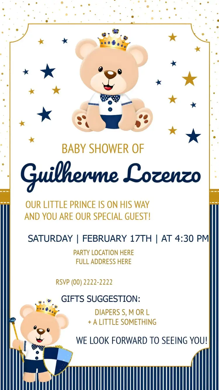Invite Blue Prince Teddy Bear Baby Shower editable and customizable
