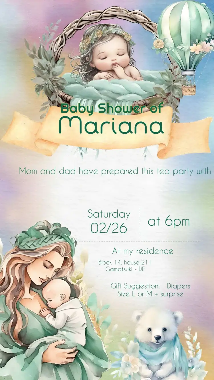 Invitation Baby Shower Girl Diapers – Diaper Shower theme aquarela, green, playful, soft, feminine, modern