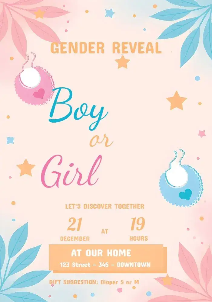 Invitation Diaper Reveal Tea Party – Gender Reveal theme pink and blue, teddy bears, diapers, modern, playful