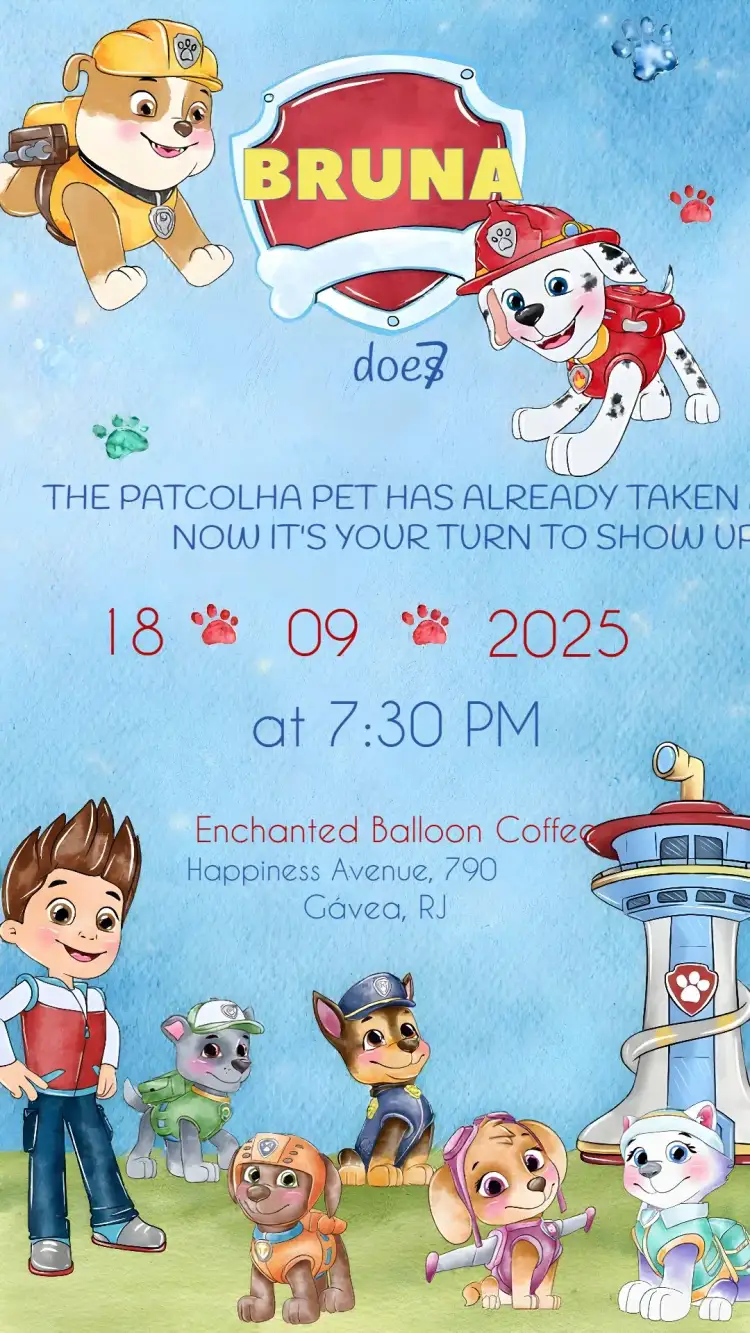 Invitation Paw Patrol Watercolor – Kids' Birthday Party theme watercolor, colorful, childlike, fun-filled, contemporary, themed