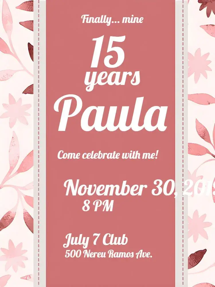15 Years Pink Watercolor Foliage invitation