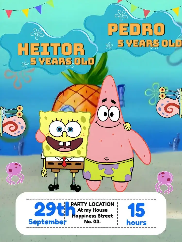 Invitation Double SpongeBob And Patrick Square – Most searched for theme under the sea, colorful, fun, childlike, tropical