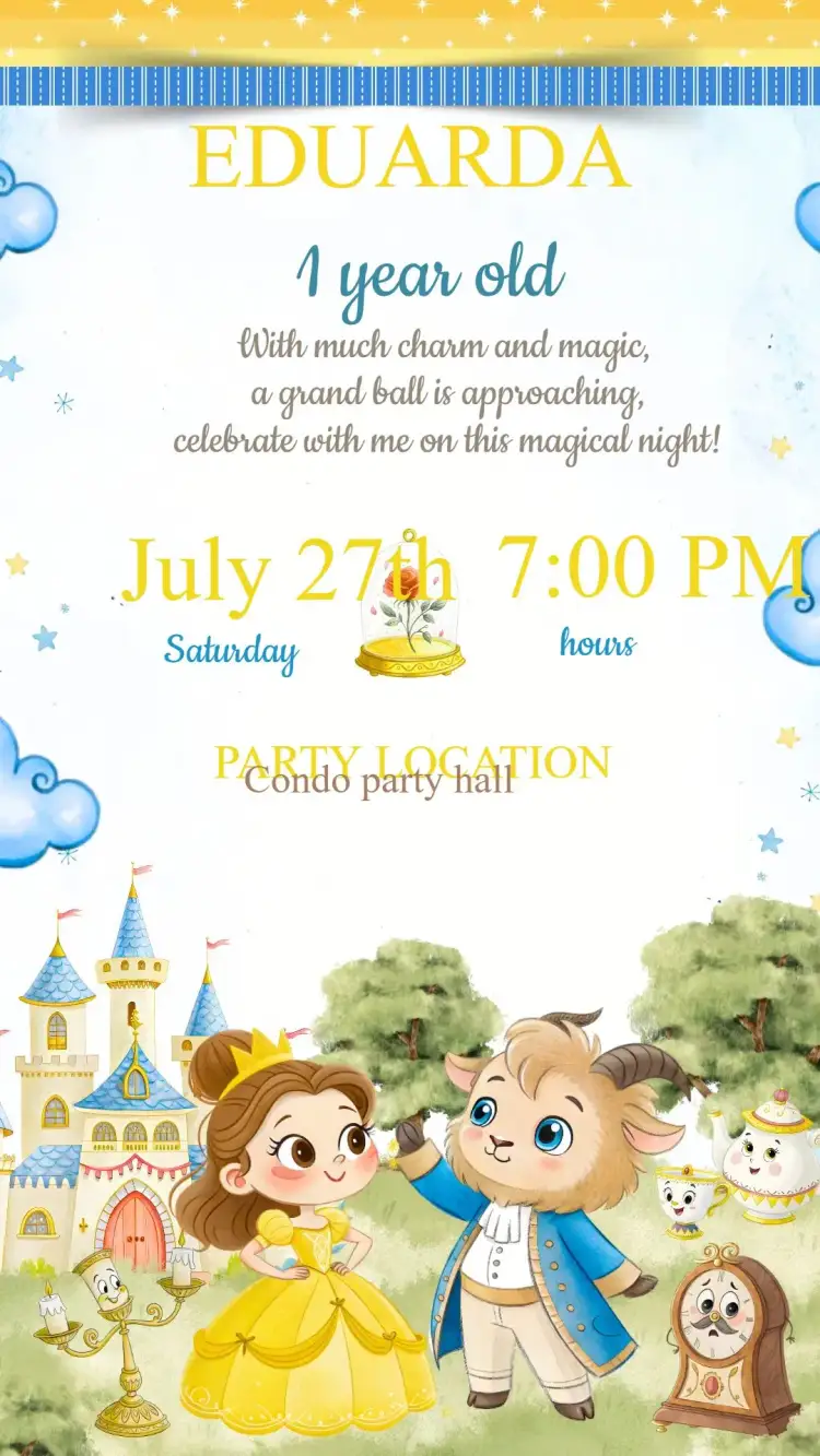 Invitation Beauty and the Beast Birthday Invitation – Kids' Birthday Party theme fairy tales, vibrant colors, charming graphic elements, playful design, classic style, magical atmosphere