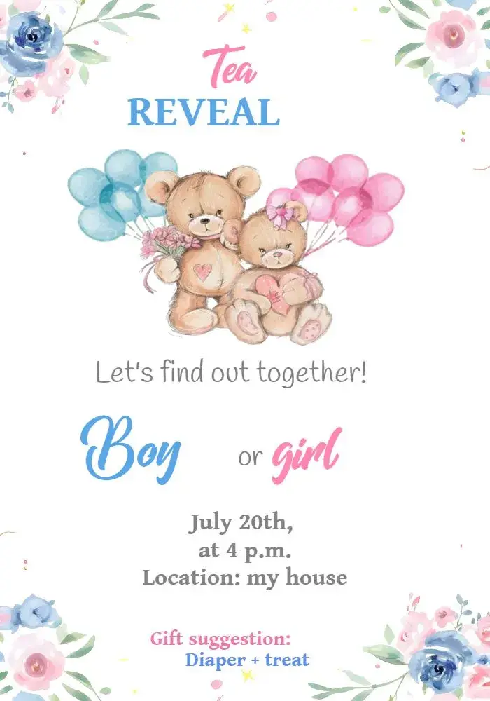 Watercolor Teddy Bears Gender Reveal invitation