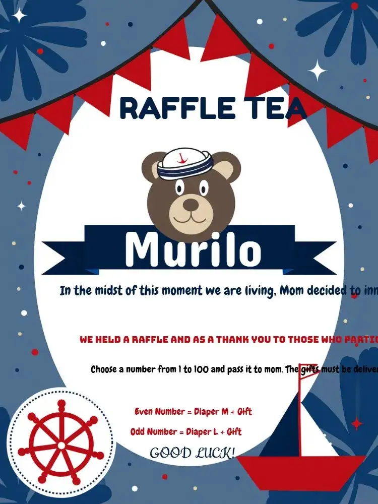 Invitation Tea Raffle Sailor Teddy Bear Tea – Raffle Tea theme Nautical, Children's, Sailor, Teddy Bear, Vibrant Colors, Blue and White Theme
