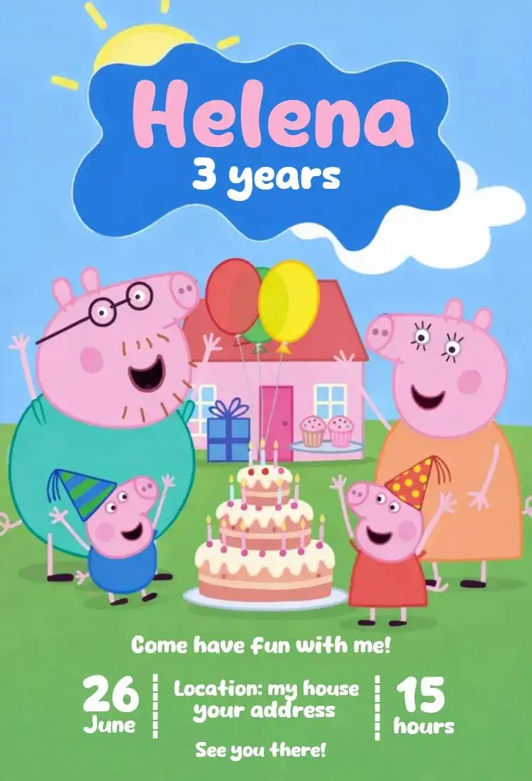 Invitation Peppa Pig 1 – Birthday theme colorful, fun, childish, themed, lively, family-friendly
