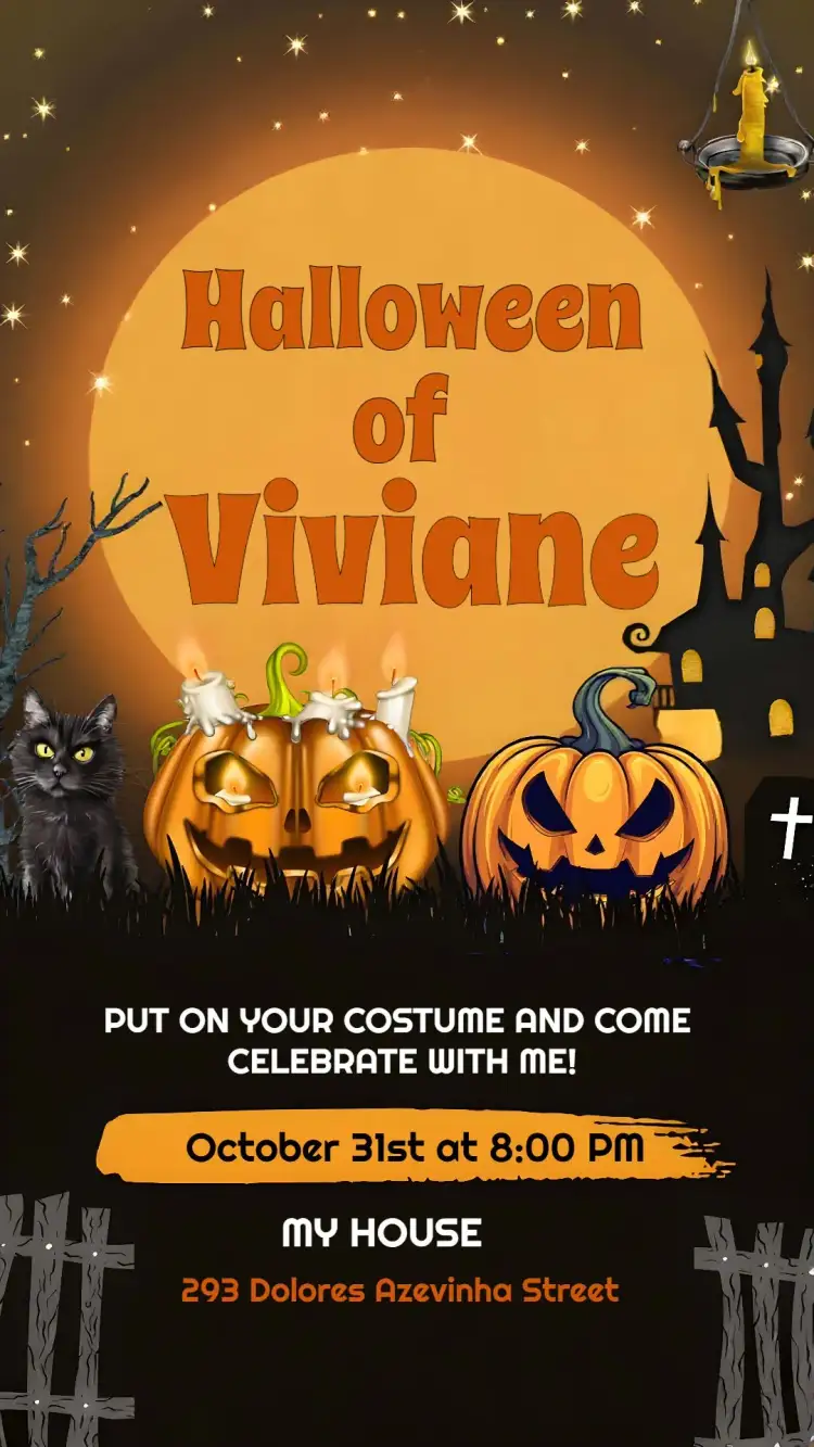 Invitation Halloween Cat – Commemorative Dates theme orange and black colors, fun style, Halloween graphic elements, modern design, cat illustrations, festive atmosphere