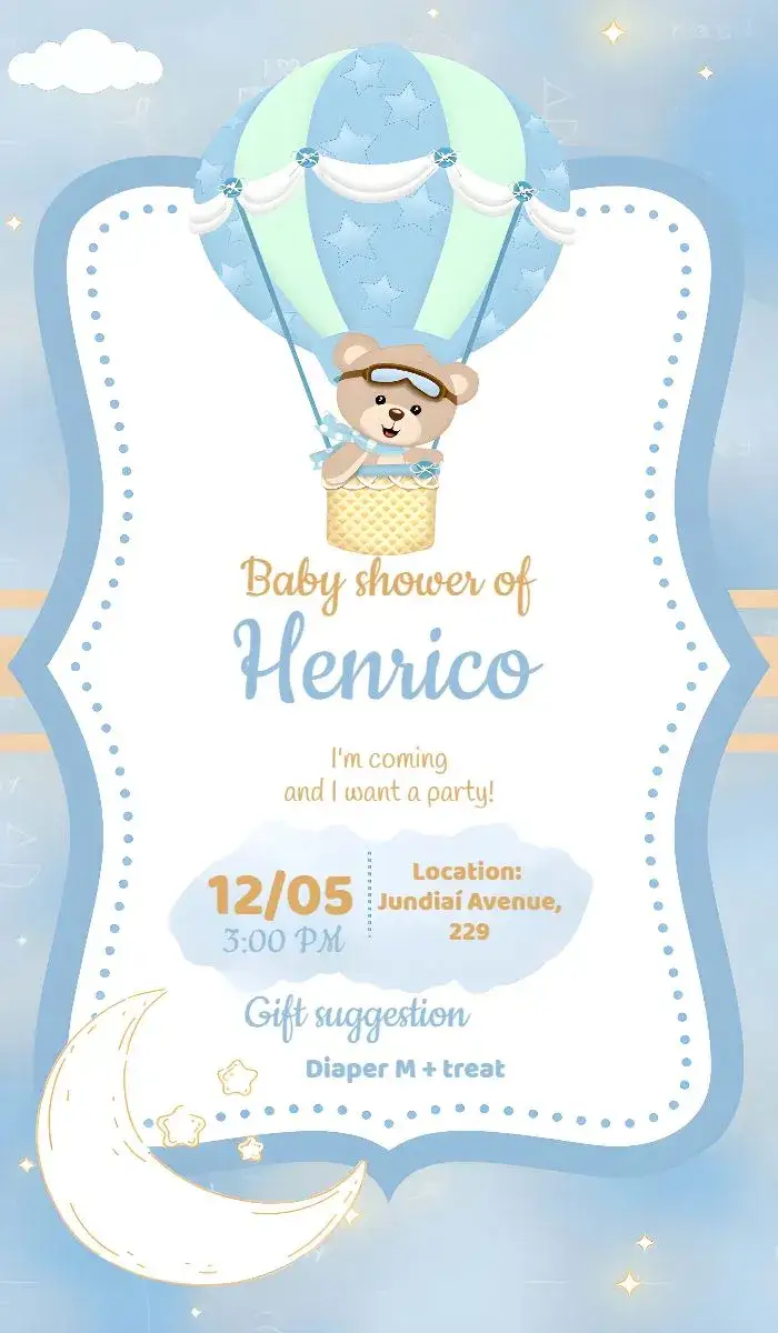 Invitation Baby Shower Blue Balloon Bear – Diaper Shower theme blue, golden, cute, childish, balloons, teddy bear