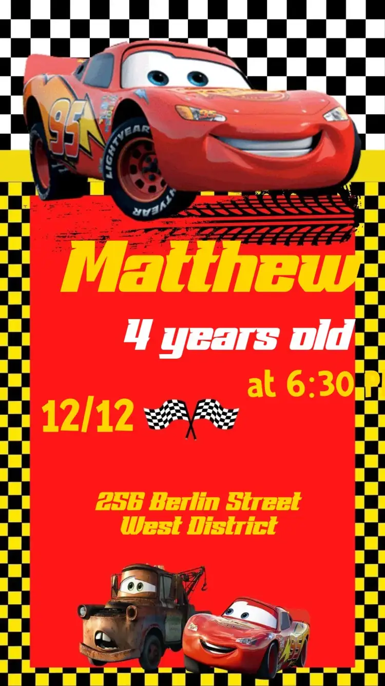 Invitation Disney Cars – Kids' Birthday Party theme colorful, childlike, themed, fun-filled, audiovisual, lively