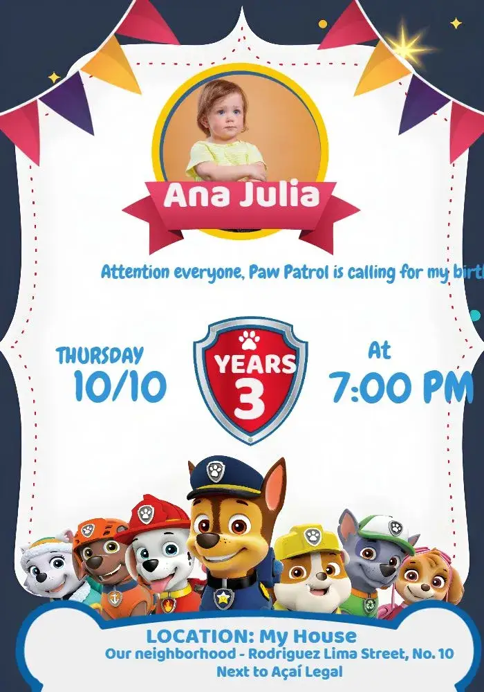 Invitation Blue Paw Patrol With Photo Invitation – Kids' Birthday Party theme fun, colorful, childish, themed, modern