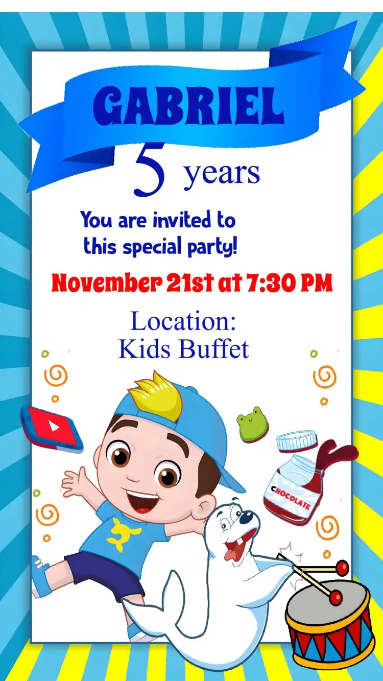 Invitation Lucas Neto – Kids' Birthday Party theme colorful, fun, modern, childlike illustrations, superhero theme, cute animals