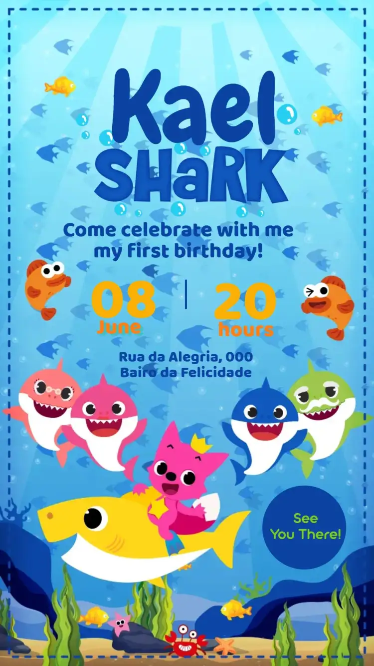 Invitation Baby Shark – Kids' Birthday Party theme colorful, navy, fun, childish, themed, playful