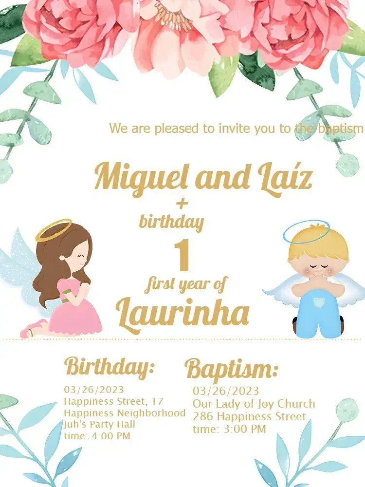 Invitation Baptism And Watercolor Angels – Baptism theme aquarela, floral, suave, infantil, romântico, colorido