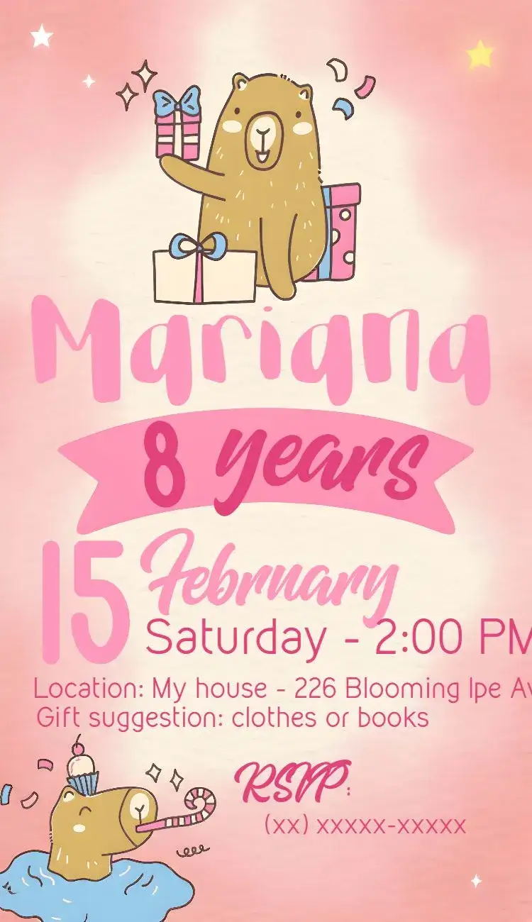 Invitation Capybara Animals – Kids' Birthday Party theme pink, animal, fun, playful, childlike, nature