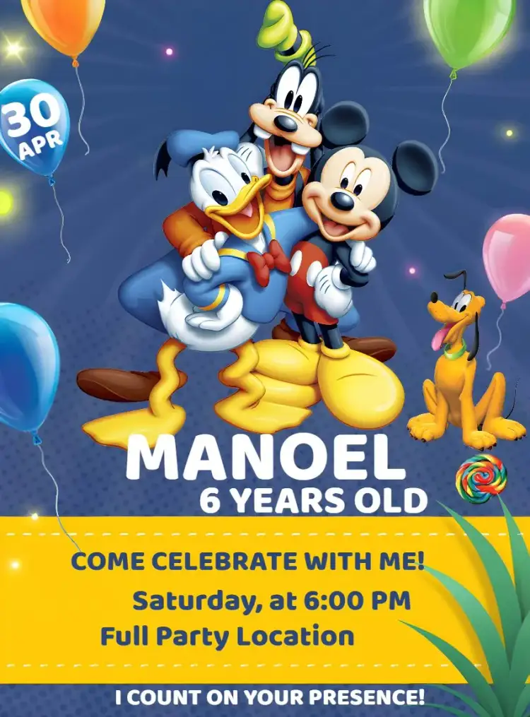Invitation Mickey's Goofy Gang – Kids' Birthday Party theme colorful, fun, themed, childlike, magical
