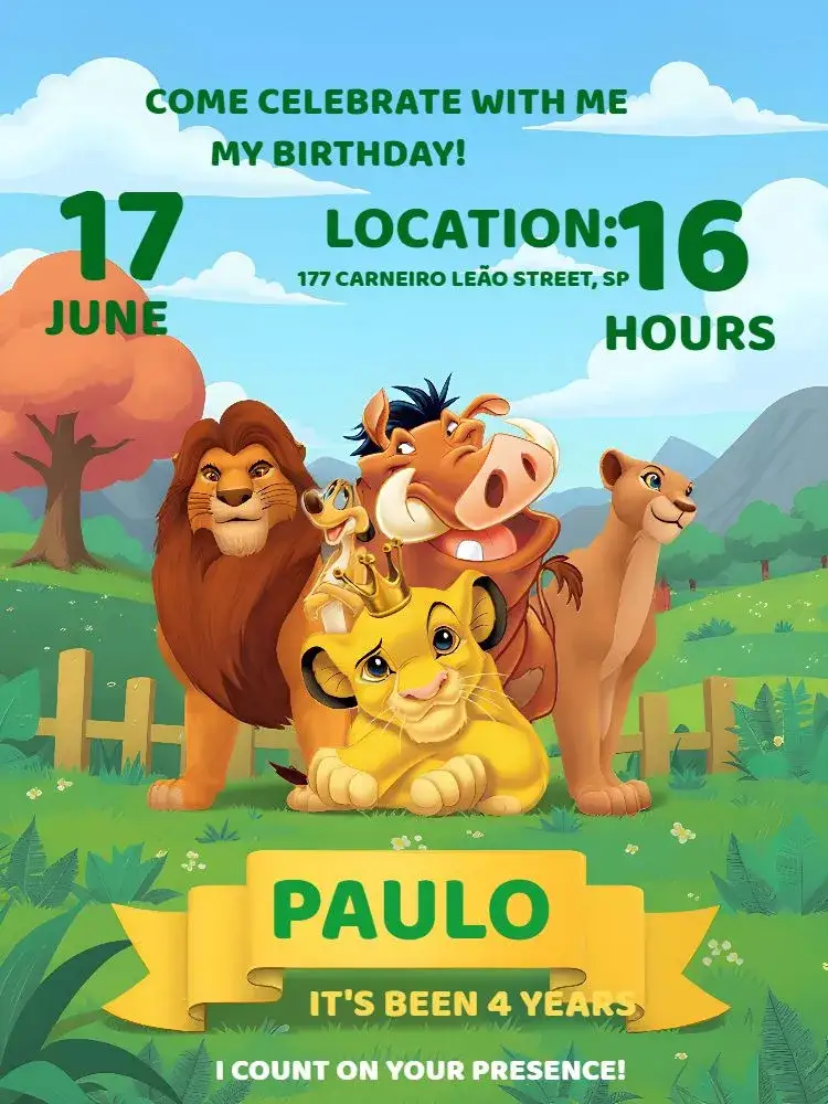 Invitation Colorful Lion King – Kids' Birthday Party theme colorful, themed, fun, lively, tropical, jungle