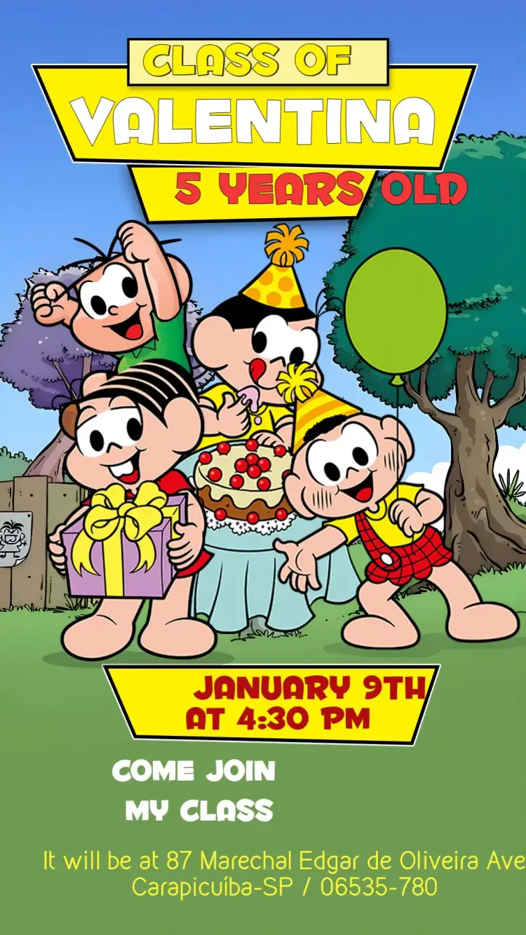 Invitation Turma Da Mônica Colorido – Kids' Birthday Party theme colorful, fun, childish, comic book, modern