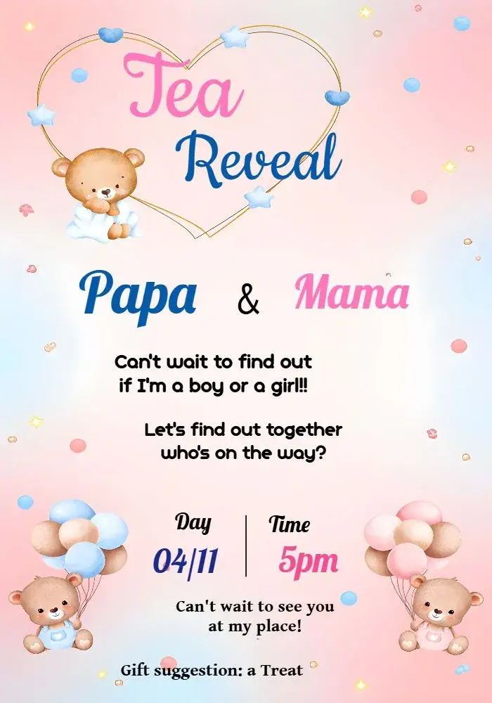 Invite White Teddy Bears Gender Reveal editable and customizable